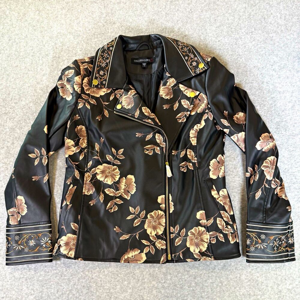 Colleen Lopez Embroidered Faux Leather Floral Moto Biker Jacket Black Gold XS